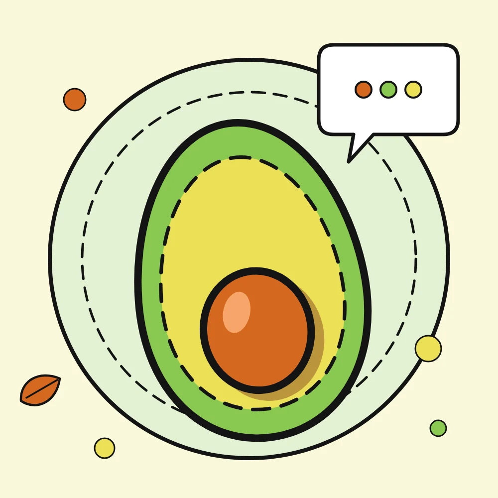 Illustrazione di un avocado a metà con un fumetto di chat, simbolo del contatto diretto con Elisa