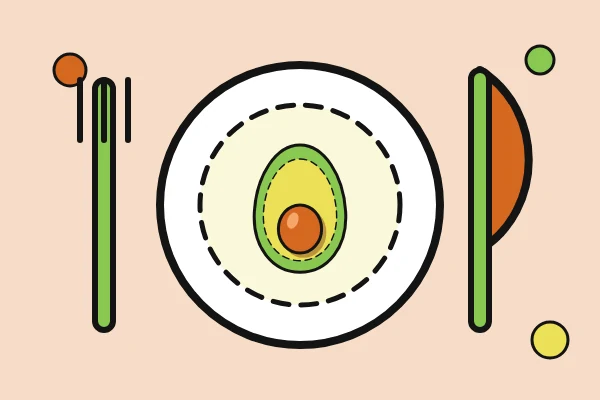 Illustrazione di un piatto con avocado, forchetta e coltello