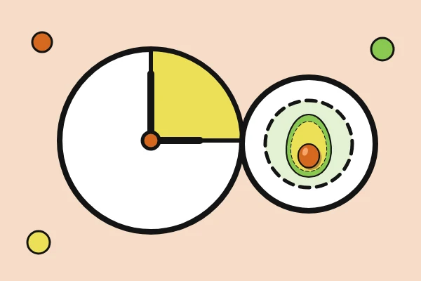 Illustrazione di un orologio accanto a un piatto con avocado
