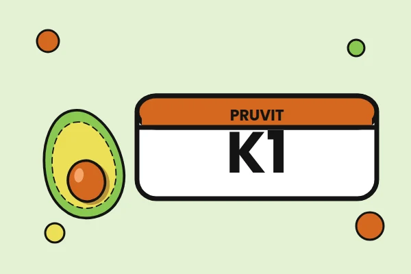 Illustrazione con l'etichetta K1 di Pruvit e un avocado a metà