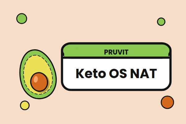 Illustrazione con l'etichetta Keto OS NAT di Pruvit e un avocado a metà