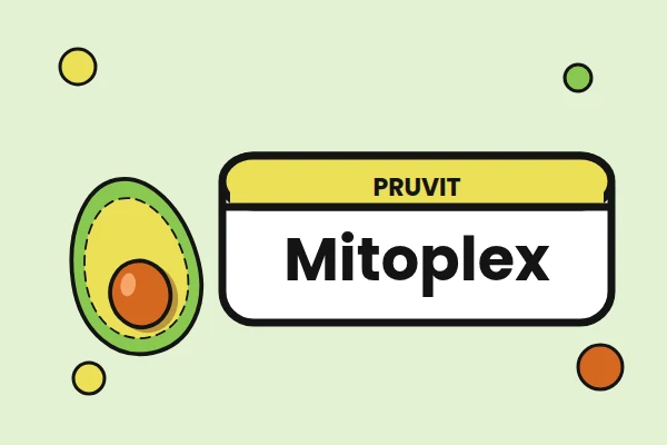 Illustrazione con l'etichetta Mitoplex di Pruvit e un avocado a metà