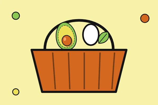 Illustrazione di un cestino della spesa con avocado e uovo